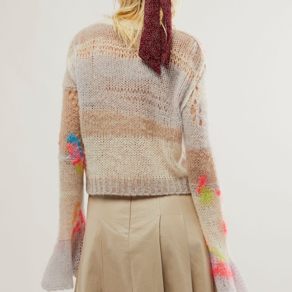 Free People Mandy Mended Pullover Soft Knit Bell Sleeves Ethereal Ivory Combo - Picture 2 of 6